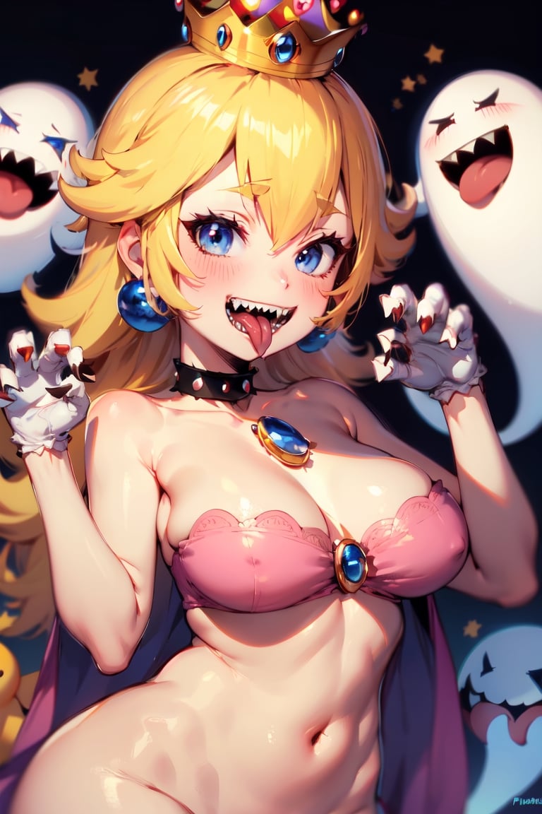 Peach_SMP, princess king boo,  masterpiece, best quality, 1girl, crown, choker, claw pose, sharp teeth, tongue, tongue out, boo (mario), ghost, ghost pose