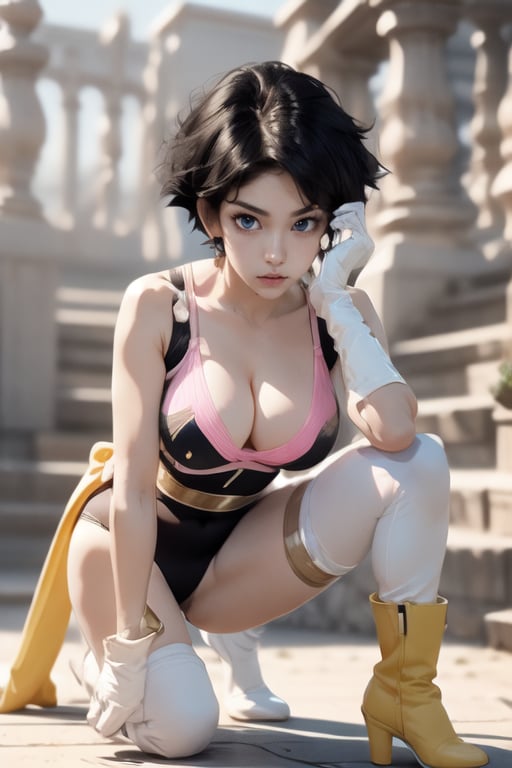 masterpiece, perfectly detailed, detailed face, detailed eyes, beautiful eyes,, masterpiece,Detailedface,🥸🧕🍆👁,suujiniku,fasha, saiyan armor, tail, white boots,Fasha, 1tail, 1girl, suujiniku, short hair, black hair, (black eyes:1.4), big breasts,  saiyan armor, brown cat tail,fasha, saiyan armor, pink leotard, white gloves, tail, black knee pads with pink straps, yellow knee high socks of different sizes, white boots, monkey tail,1 girl,SAM YANG,yuzu