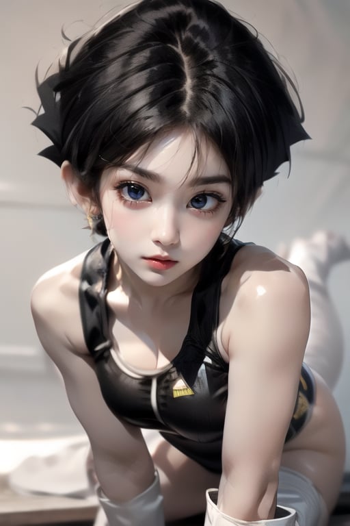 masterpiece, perfectly detailed, detailed face, detailed eyes, beautiful eyes,, masterpiece,Detailedface,🥸🧕🍆👁,suujiniku,fasha, saiyan armor, tail, white boots,Fasha, 1tail, 1girl, suujiniku, short hair, black hair, (black eyes:1.4), big breasts,  saiyan armor, brown cat tail,fasha, saiyan armor, pink leotard, white gloves, tail, black knee pads with pink straps, yellow knee high socks of different sizes, white boots, monkey tail,1 girl