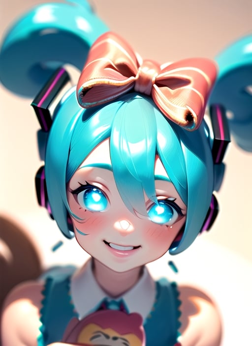 masterpiece, good lighting, perfectly detailed, best quality, masterpiece, perfectly detailed, (Hatsune Miku, glowing eyes), (Cinnamon Miku, bow on head, glowing eyes, rabbit doll with bow on head),  ,AGGA_ST004