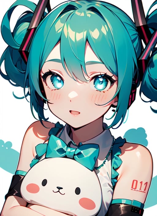 masterpiece, good lighting, perfectly detailed, best quality, masterpiece, perfectly detailed, (Hatsune Miku, glowing eyes), (Cinnamon Miku, bow on head, glowing eyes, rabbit doll with bow on head),(Hatsune Miku,(Cinnamon Miku