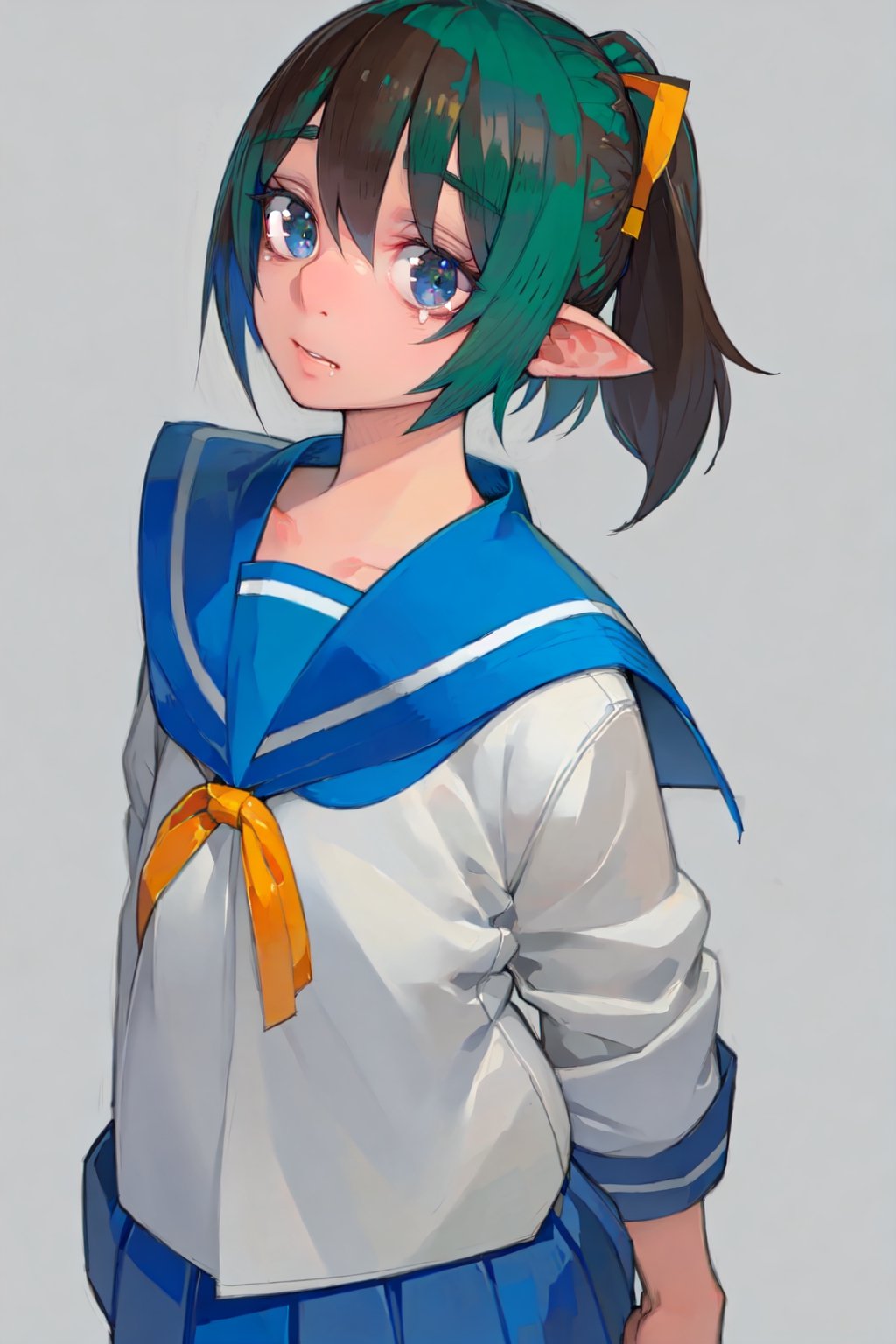 masterpiece, AGGA_ST060, 1girl, short hair, open mouth, skirt, simple background, brown hair, 1boy, ribbon, school uniform, green eyes, hair ribbon, ponytail, green hair, serafuku, pointy ears, sailor collar, saliva, blue sailor collar, drooling