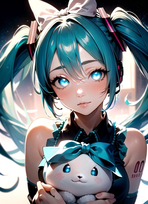 masterpiece, good lighting, perfectly detailed, best quality, masterpiece, perfectly detailed, (Hatsune Miku, glowing eyes), (Cinnamon Miku, bow on head, glowing eyes, rabbit doll with bow on head), , , ,HeadpatPOV,AGGA_STH001