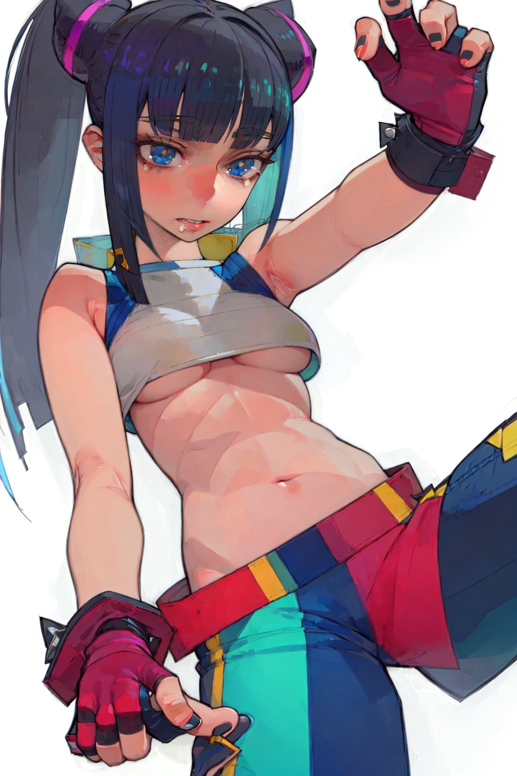 masterpiece, AGGA_ST060, 1girl, solo, breasts, black hair, gloves, navel, medium breasts, multicolored hair, midriff, pants, tears, fingerless gloves, nail polish, sketch, underboob, crying, kicking, hair horns, han juri