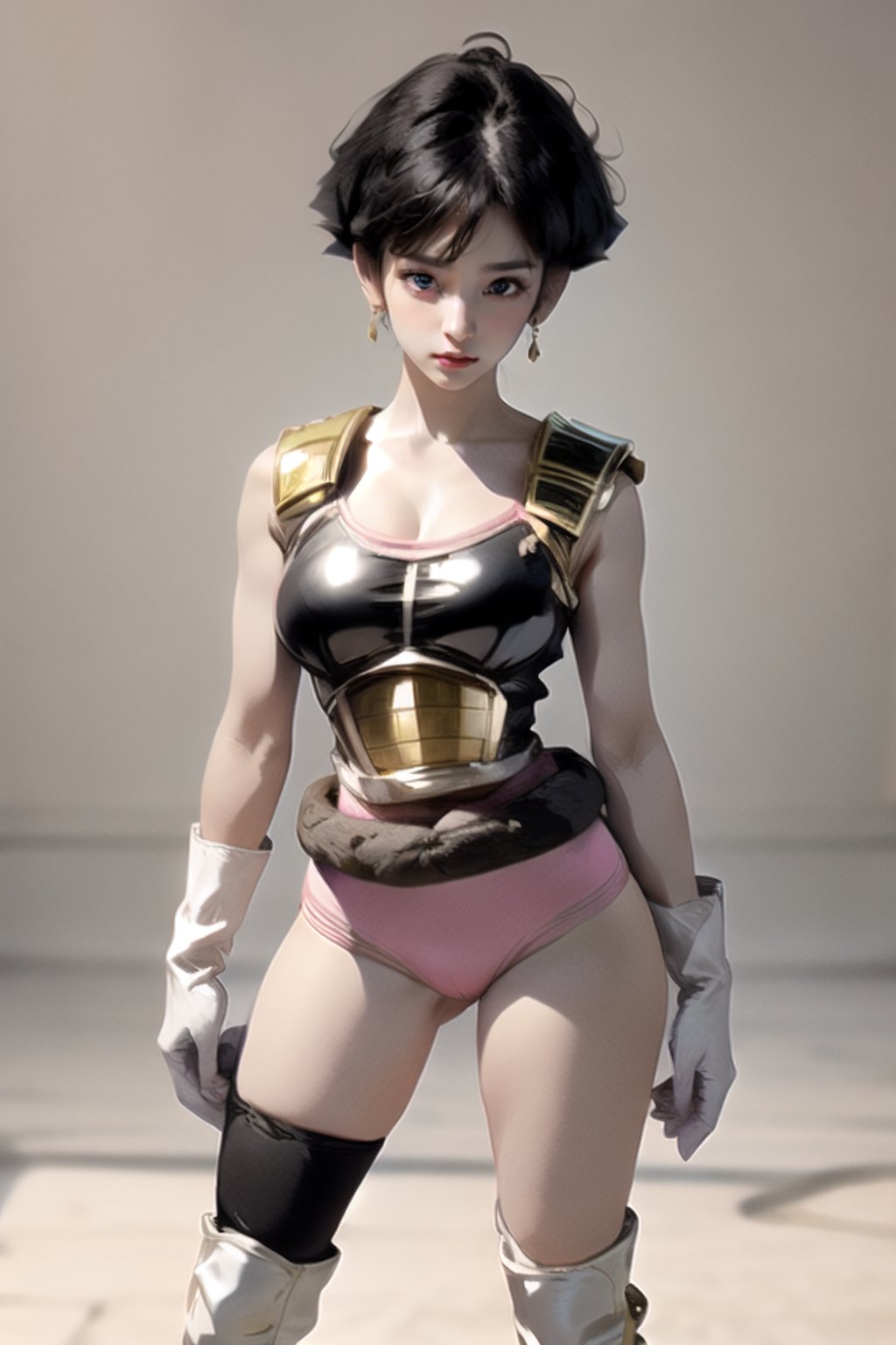 masterpiece,Detailedface,🥸🧕🍆👁,suujiniku,fasha, saiyan armor, tail, white boots,Fasha, 1tail, 1girl, suujiniku, short hair, black hair, (black eyes:1.4), big breasts,  saiyan armor, brown cat tail,fasha, saiyan armor, pink leotard, white gloves, tail, black knee pads with pink straps, yellow knee high socks of different sizes, white boots, monkey tail,1 girl