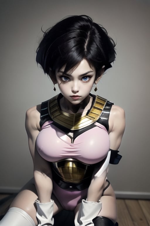 masterpiece, perfectly detailed, detailed face, detailed eyes, beautiful eyes,, masterpiece,Detailedface,suujiniku,fasha, saiyan armor, tail, white boots,Fasha, 1tail, 1girl, suujiniku, short hair, black hair, (black eyes:1.4), big breasts,  saiyan armor, brown cat tail,fasha, saiyan armor, pink leotard, white gloves, tail, black knee pads with pink straps, yellow knee high socks of different sizes, white boots, monkey tail,1 girl,