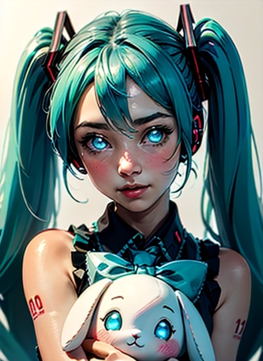 masterpiece, good lighting, perfectly detailed, best quality, masterpiece, perfectly detailed, (Hatsune Miku, glowing eyes), (Cinnamon Miku, bow on head, glowing eyes, rabbit doll with bow on head),(Hatsune Miku,(Cinnamon Miku, 