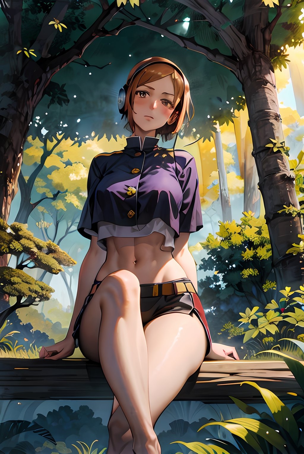 In a serene jungle, a lo-fi girl sits gracefully on a soft bed of moss, surrounded by lush greenery and tall trees. Her big, expressive eyes meet the viewer's gaze with a sense of calm and serenity. A subtle blush adorns her cheeks, reflecting her tranquil mood. She sits cross-legged, emanating a peaceful aura as she enjoys the tranquil atmosphere of the jungle. Sunlight filters through the foliage, casting gentle rays of light on her, creating an ethereal glow. The sounds of chirping birds and rustling leaves blend harmoniously with the soft tunes playing from her vintage headphones. The atmosphere is soothing and meditative, inviting viewers to take a moment of respite and connect with nature. Artwork, painted with acrylics on canvas, capturing the natural beauty and tranquility of the jungle,nobara kugisaki