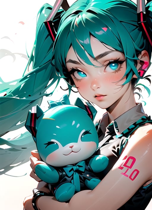 masterpiece, good lighting, perfectly detailed, best quality, masterpiece, perfectly detailed, (Hatsune Miku, glowing eyes), (Cinnamon Miku, bow on head, glowing eyes, rabbit doll with bow on head),weapon