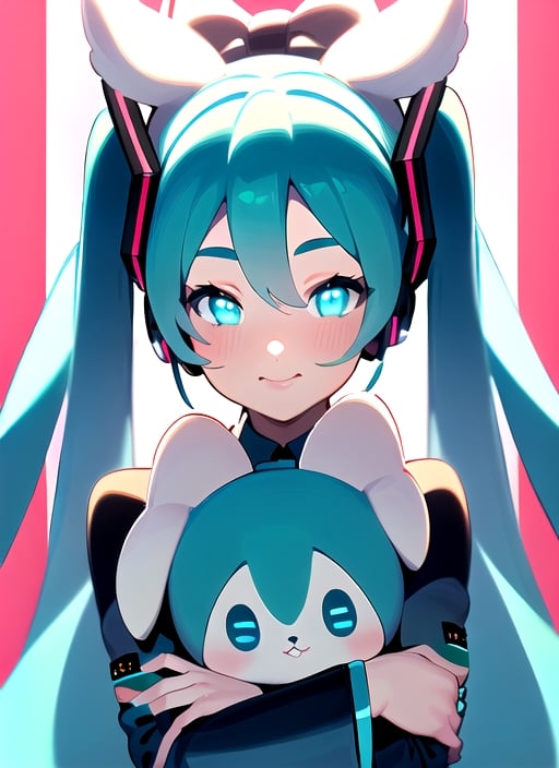 masterpiece, good lighting, perfectly detailed, best quality, masterpiece, perfectly detailed, (Hatsune Miku, glowing eyes), (Cinnamon Miku, bow on head, glowing eyes, rabbit doll with bow on head),  ,AGGA_ST004