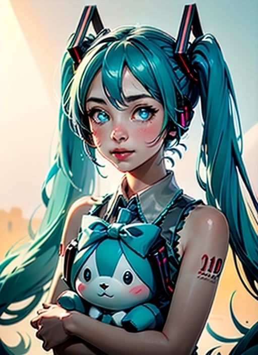 masterpiece, good lighting, perfectly detailed, best quality, masterpiece, perfectly detailed, (Hatsune Miku, glowing eyes), (Cinnamon Miku, bow on head, glowing eyes, rabbit doll with bow on head),(Hatsune Miku,(Cinnamon Miku, 