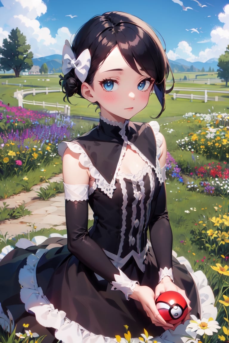 Marley_PKM, ? highres 4687517Tag? 1girl 5857101? black dress 164079? black hair 1434337? blue eyes 1727921? bow 912963? detached sleeves 328377? dress 1055306? field 10206? flower 500448? flower field 6081? gothic lolita 18027? hair bow 417360? holding 867261? holding poke ball 12933? lolita fashion 27209? looking at viewer 2804977? poke ball 27743? short hair 2036247? solo 4531053 