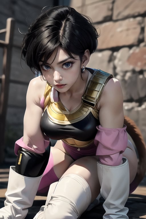 masterpiece, perfectly detailed, detailed face, detailed eyes, beautiful eyes,, masterpiece,Detailedface,🥸🧕🍆👁,suujiniku,fasha, saiyan armor, tail, white boots,Fasha, 1tail, 1girl, suujiniku, short hair, black hair, (black eyes:1.4), big breasts,  saiyan armor, brown cat tail,fasha, saiyan armor, pink leotard, white gloves, tail, black knee pads with pink straps, yellow knee high socks of different sizes, white boots, monkey tail,1 girl