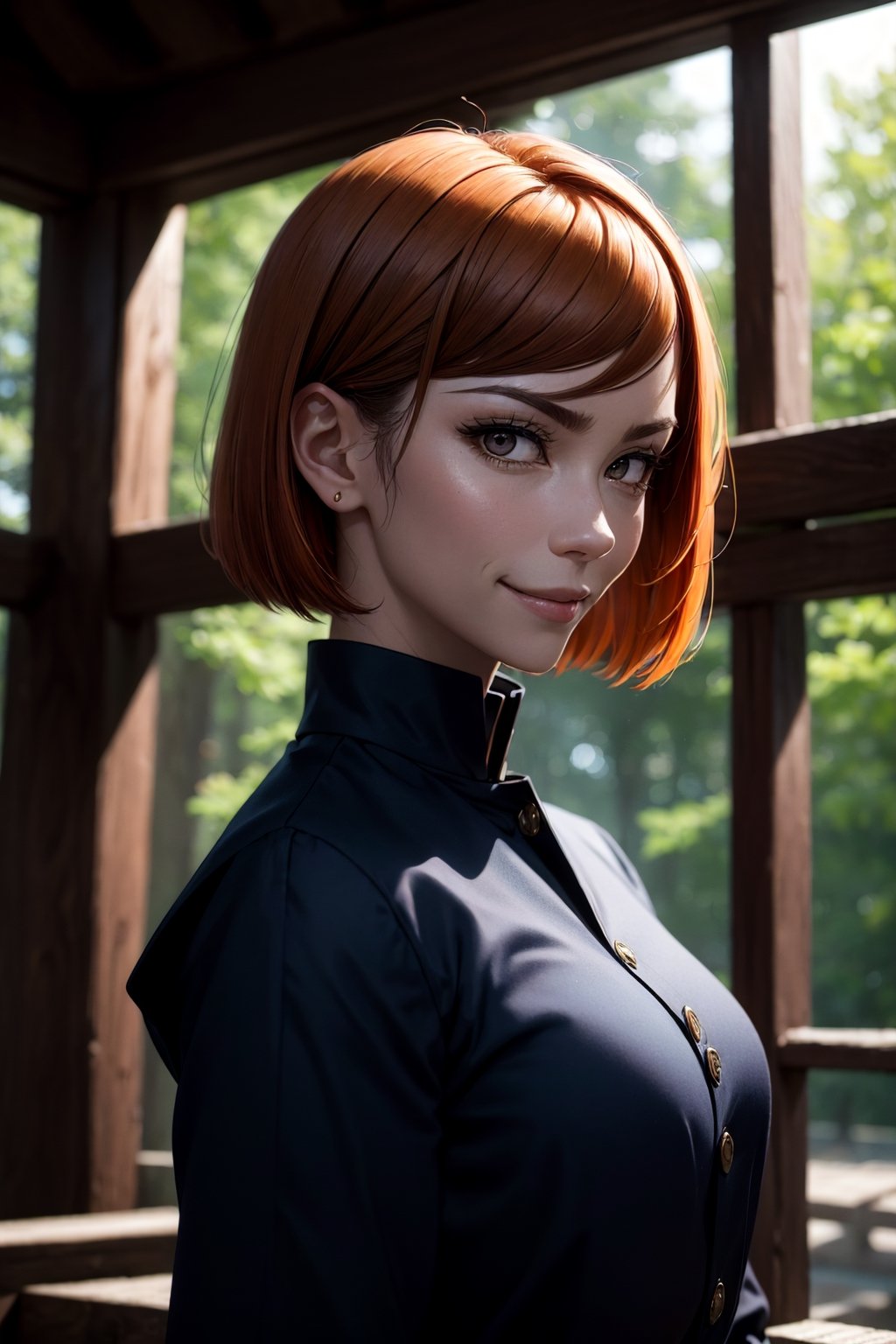 sharp focus, dynamic, (natural skin texture, hyperrealism:1.25), (skinny:1.25),semi short hair,fighting pose, semi-collected bangs, high-neck dark blue top uniform, verydark orangehair, low angle,pale skin, portrait of Kugisaki Nobara, crazy smile ,condescendent expression, patronizing look , cropped at the waist, revealing the midriff, looking at viewer, staring, dark brown semiclosed eyes, upper body, hammer tool , sunny forest background with some old japanese temple details. holding big nails tools,kugisaki nobara,nobara kugisaki