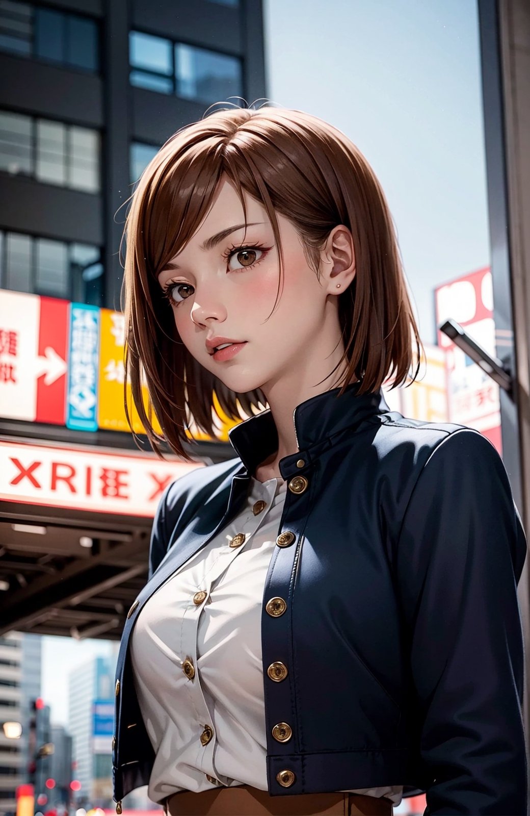 upper body, (masterpiece), detailed background, perfect lighting, 1 girl, bangs, medium breasts, crop top, crop top overhang, JUJUTSU TECH UNIFORM, jacket, gakuran, brown hair, brown eyes, city, urban, bokeh , depth of field, nobara kugisaki