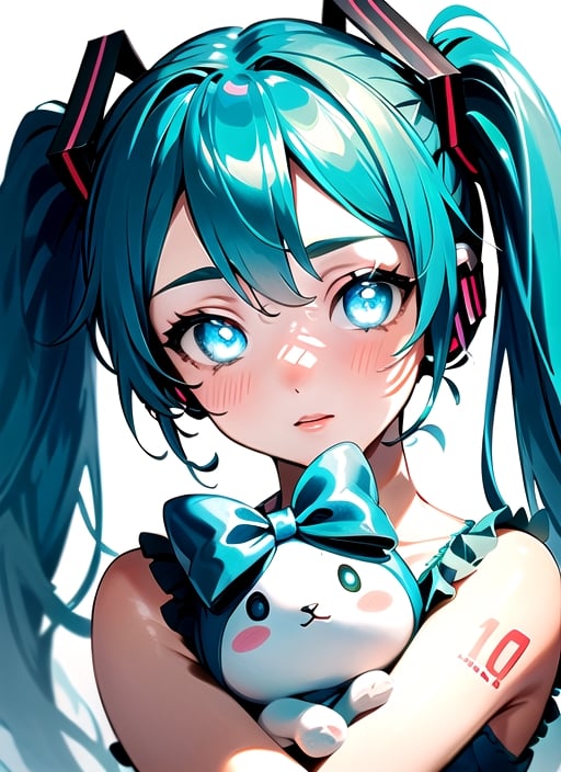 masterpiece, good lighting, perfectly detailed, best quality, masterpiece, perfectly detailed, (Hatsune Miku, glowing eyes), (Cinnamon Miku, bow on head, glowing eyes, rabbit doll with bow on head), 