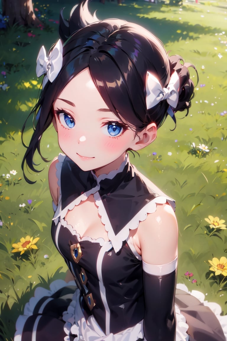 Marley_PKM, masterpiece, best quality, marley, hair bow, gothic dress, detached sleeves, black leggings, slight smile, looking at viewer, looking down, from above 