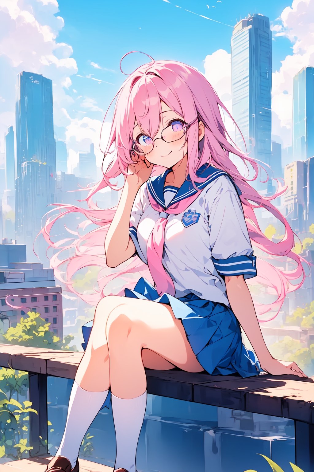 ((masterpiece)), (best quality), (beautiful detailed eyes), (ultra-detailed), (finely detail), (highres), colorful, Pastel Color, perfect anatomy, kawaii illustration, (1 cute girl), glases, school uniform, city, happy, sitting, 