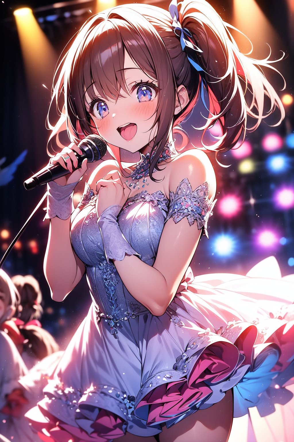 (masterpiece), (extremely intricate:1.3), professional photograph of a stunning girl detailed, 8k, sharp focus, dramatic, award-winning photos, 1 girl, Female in her twenties, 20's,, ((kawaii, pastel)), idol costumes, singing, on stage, holding microphones, spotlights, ribbon, no teeth in mouth,