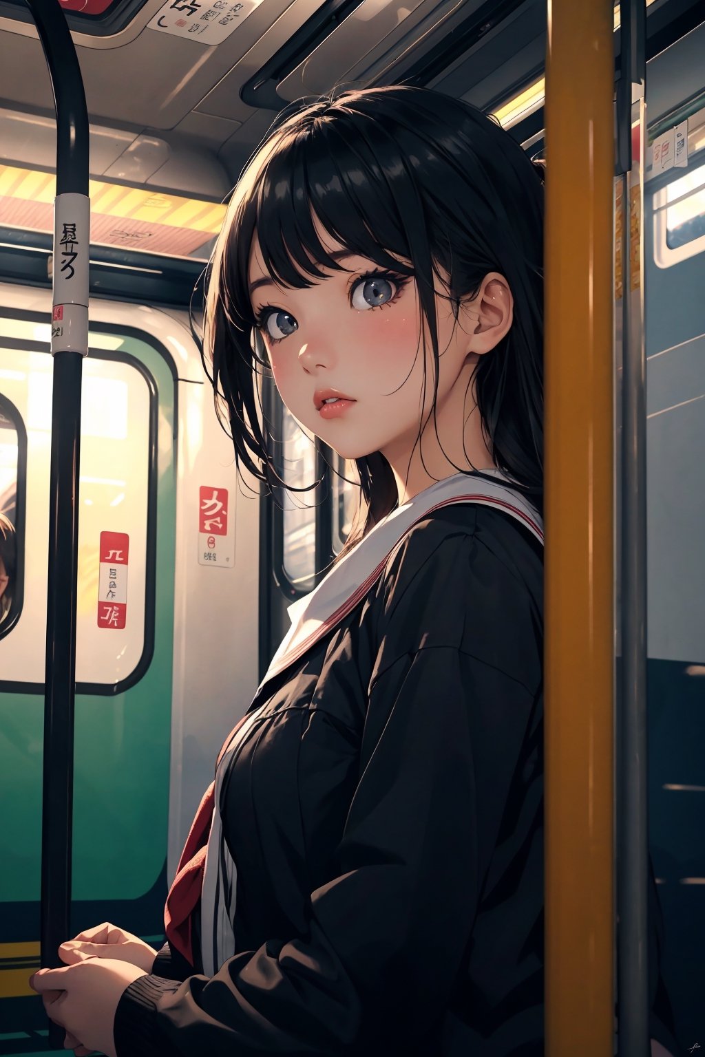 ((masterpiece)), (best qualit), (beautiful detailed eyes), (ultra-detailed), (finely detail), (highres), pastel colour, 8k, japanese, 1 girl, cute, black hair, (underground train:1.5), cowboy shot, high school girl, serafuku, realistic,