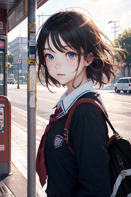 1girl, (masterpiece:1.2), highres, high quality, (perfect face and eyes:1.2), (textured skin:1.2), bus stop, wind, serafuku, school uniform, intense light rays, cute