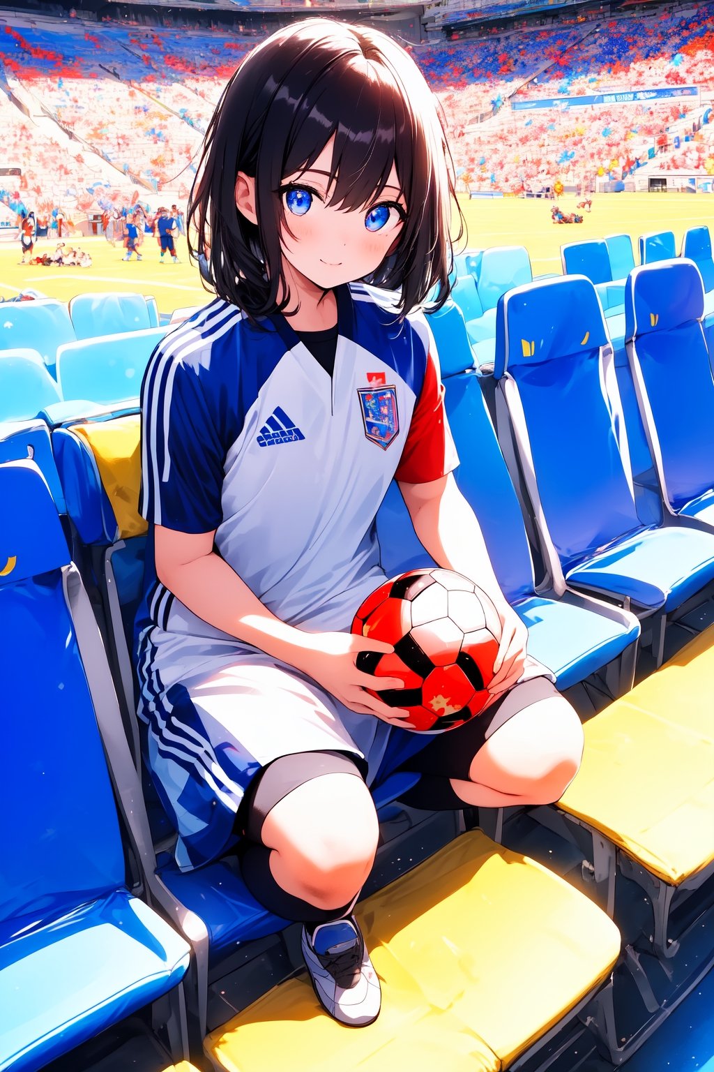 ((masterpiece, best qualit, beautiful detailed eyes, ultra-detailed, finely detail, highres)), 8k, 1 girl, cute, kawaii, black hair, dynamic angle, She is a spectator watching the soccer game, large audience, multiple people, (she is praying), black eye, sitting in the audience seats, Japan national soccer team uniform