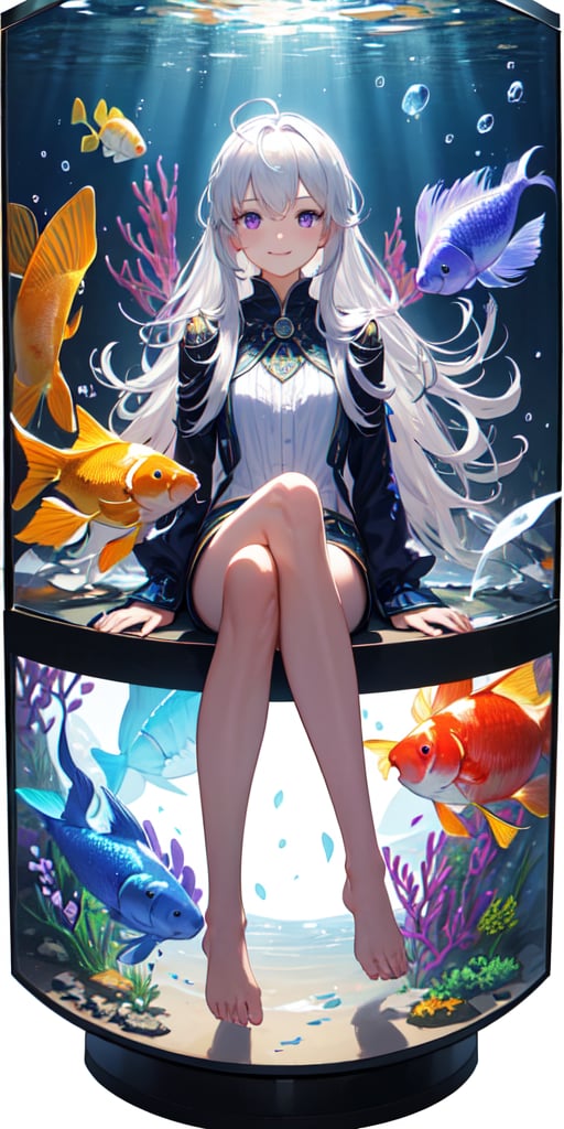 [(Transparent background:1.5)::5],(((masterpiece))),(((best quality))),(((extremely detailed))),illustration, 1girl,solo,mysterious,vivid color,shiny, underwater transparent sealed hemispherical glass dome, (white hair),(purple eyes), full body,barefoot,long hair tranquil nature, koi,Underwater, Dome,close up,Dynamic actions,Lens perspective,(((Box composition))),sit cross-legged and lean against the bookshel, volumetric lighting, multi-color eyes, detailed eyes, hyper detailed,light smile, highly detailed, beautiful, small details, ultra detailed, best quality, intricate, 4k, 8k, trending on artstation, good anatomy, beautiful lighting, award-winning,