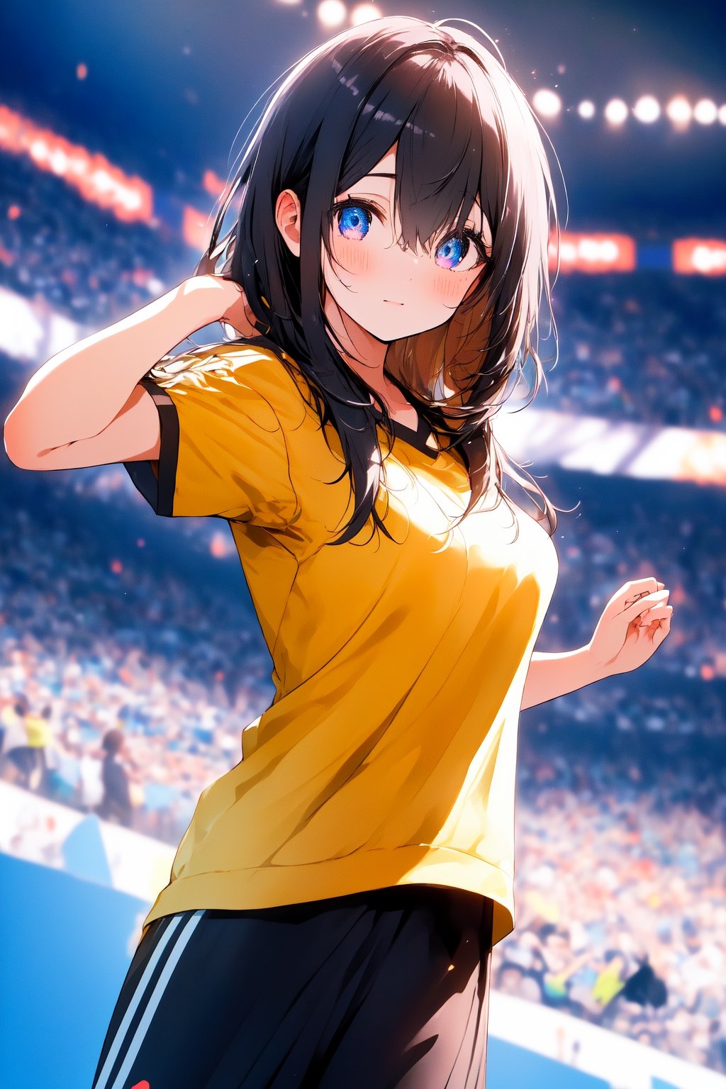 ((sfw, masterpiece, best qualit, beautiful detailed eyes, ultra-detailed, finely detail, highres)), 8k, 1 girl, cute, kawaii, black hair, dynamic angle, She is a spectator watching the soccer game, large audience, multiple people, she is praying