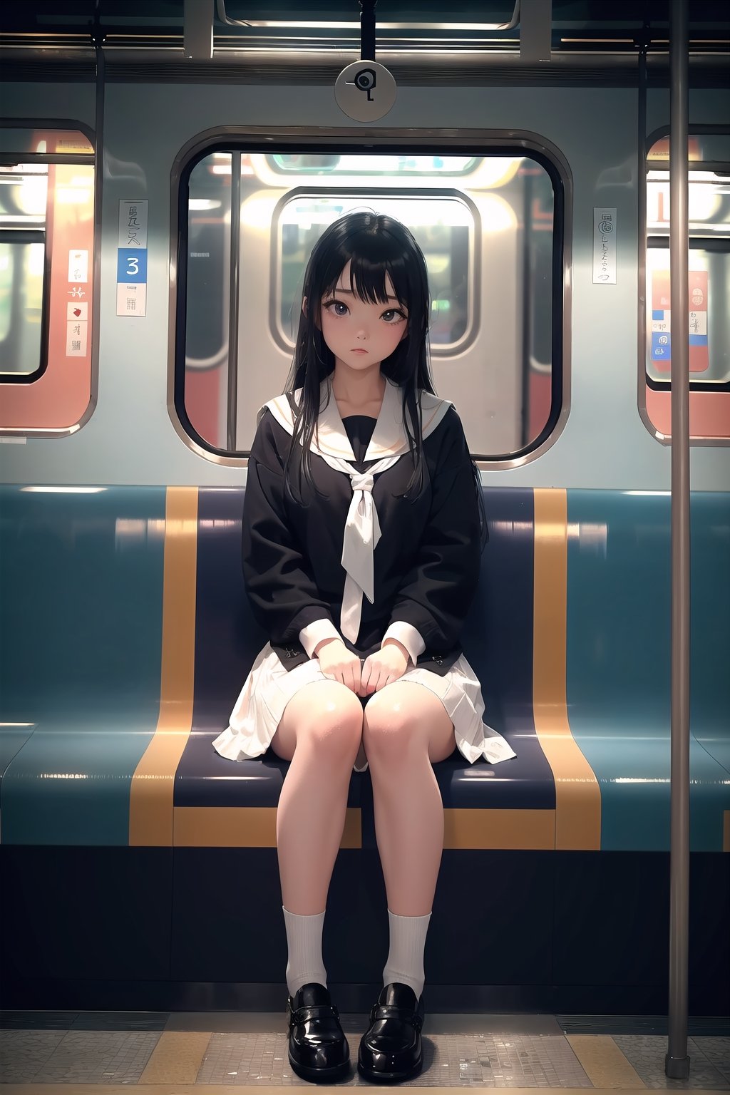 ((masterpiece)), (best qualit), (beautiful detailed eyes), (ultra-detailed), (finely detail), (highres), pastel colour, 8k, japanese, 1 girl, cute, black hair, (underground train:1.5), cowboy shot, high school girl, serafuku, sitting