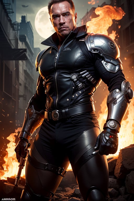 (termiator) best quality, masterpiece, (photorealistic:1.4), 1cyborg, metal beneath skin, arnold schwarzenegger looks, sull showing beneath skin, endoskeleton, serious look, leather jacket, waist up, dramatic lighting, from below, future war background, skulls and fire on background, night time
