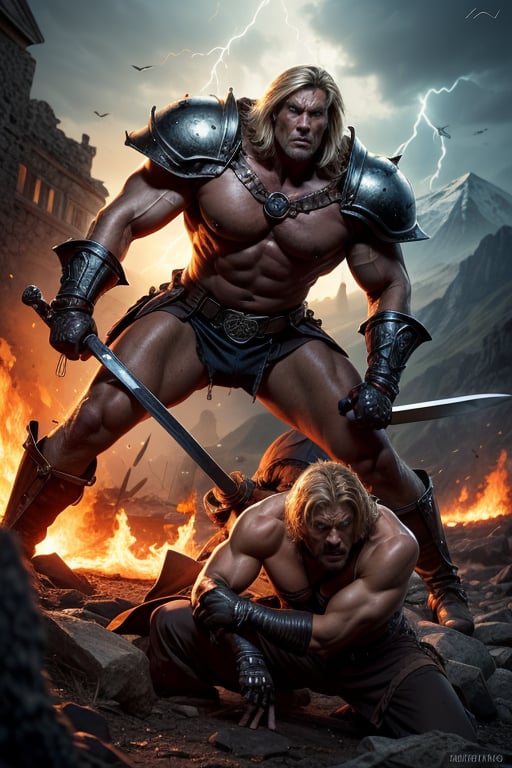 best quality, masterpiece, (photorealistic:1.4), 1man, 1sekeleton warrior, serious expression, he-man like, heman looks, dolph lundgren face, dolph lundgren looks, warrior, heman harness, iron cross on his chest, fur pants, sword of power in hand, battle pose, attack, he is fighting an skeleton warrior, the skeleton warrior has helemt and armor, the skeleton warrior uses an axe,  dramatic lighting, from below. eternia background, lava, mountains, castle grayskull, thunder, lightning
