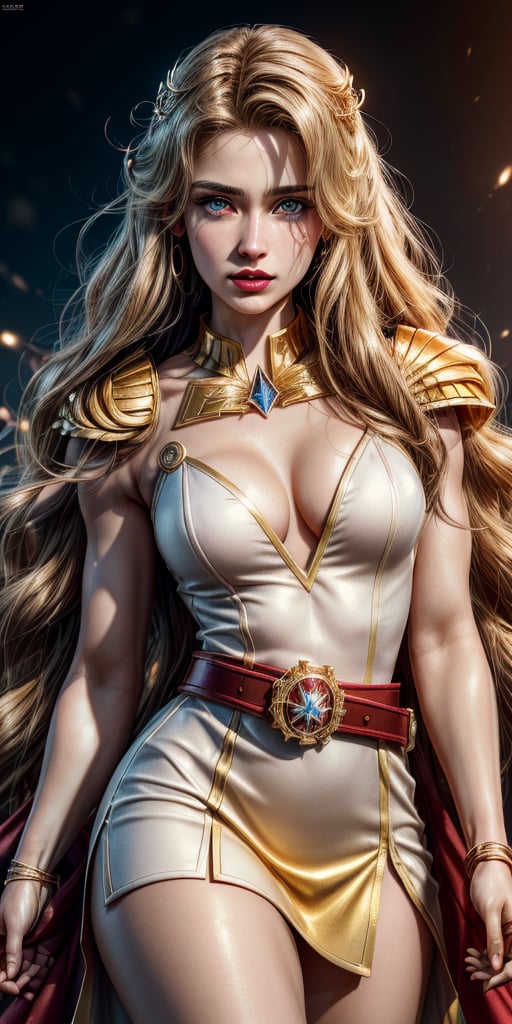 ((She-ra)) (Princess of power) long wavy hair, golden hair, blonde, Wearing Tiara,wearing white short dress, golden details, golden high boots, golden metal belt, red lips,Slim body,Full body photo, sword in hand, photo realistic, masterpiece, best quality, raw photo, absurd res, UHD, (Ultra realistic), (Illustration), (High resolution), (8K), (Very detailed), (Best illustration), (Beautiful blue eyes), (Best quality), (Ultra detailed), (Masterpiece), (Detailed face), beautiful woman age 30, beautiful face, glow, soothing tones, high contrast, soft skin, floating long hair, big-wave, (pale skin), (hyperrealism, soft light, sharp), (brown eyes), perfect eyes,background lightning, sparks, magic, perfect eyes,solo woman,skin tone tanintricate complexity, 8k resolution, octane render, photoreal, hyperreal, masterpiece, perfect anatomy
,Detailedface,ActionFigureQuiron style