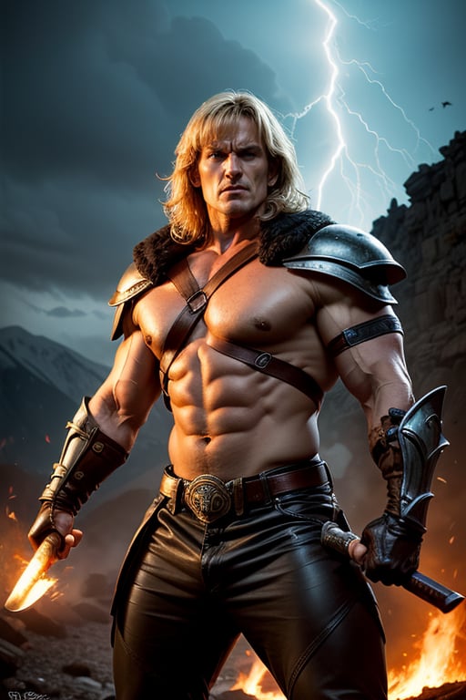 best quality, masterpiece, (photorealistic:1.4), 1man, serious expression, he-man like, heman looks, dolph lundgren face, dolph lundgren looks, warrior, heman harness, iron cross on his chest, fur pants, sword of power in hand, battle pose, attack, he is fighting an skeleton warrior, the skeleton warrior has helemt and armor, the skeleton warrior uses an axe,  dramatic lighting, from below. eternia background, lava, mountains, castle grayskull, thunder, lightning
