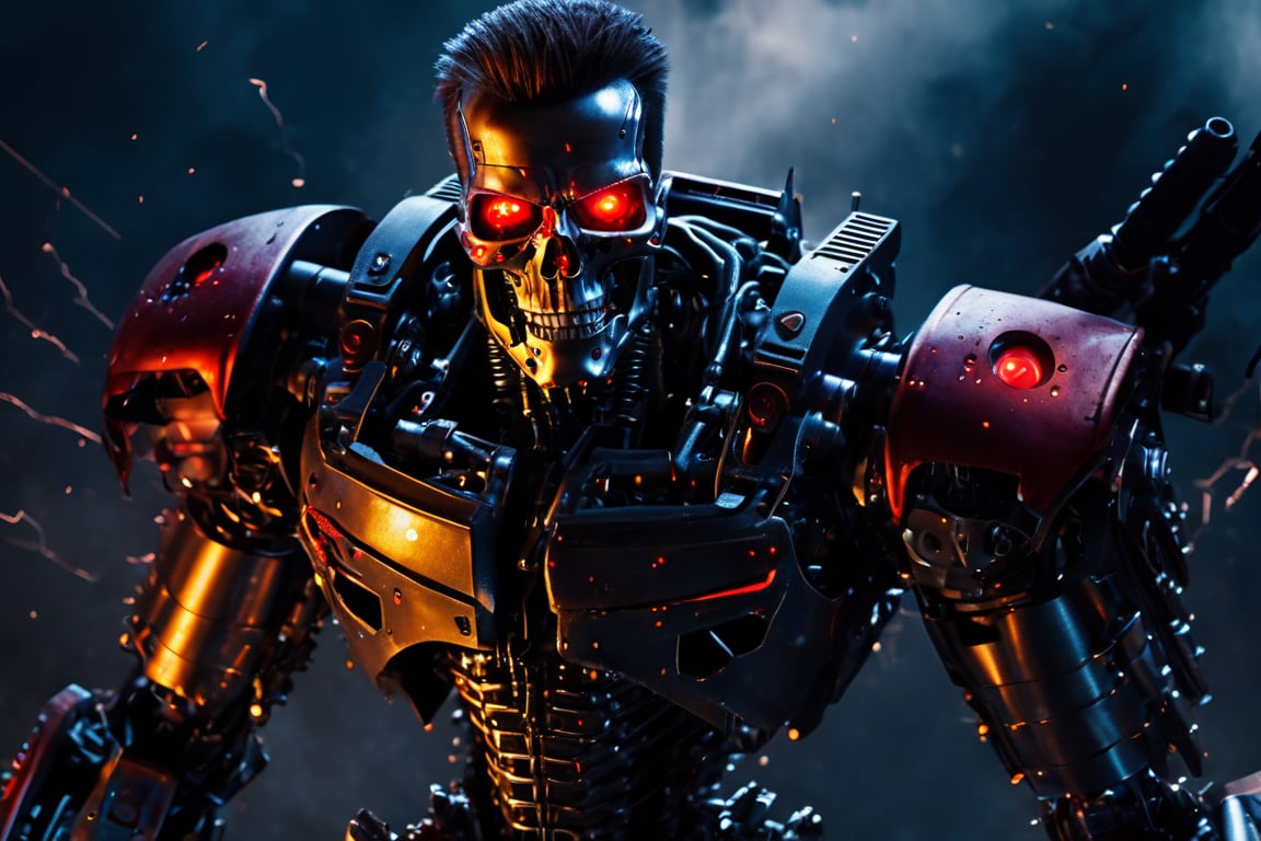 ((terminator 2)) 1men, cyborg, red glowing eyes, mohawk hair, steampunk aesthetic, half terminator face, half arnold schwarzenegger face, the face is hurt, the holes in his face skin reveal an endoskeleton underneath, terminator face showing under the ripped skin, red eyes, big muscular body, bodybuilder, all black leather jacket, men long pant, holdig a futuristic machine gun, dyamic pose, action, dark sky, lightning strike, hero shot, low camera angle, photo taken from below, in the back lazers blazing, on the floor many human skulls, vibrant colors, (masterpiece), (detailed face:1.2), (glowing red eyes:1.1),Movie Still