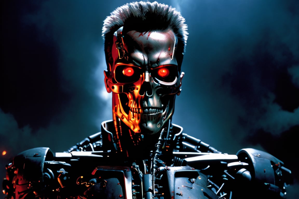 ((terminator 2)) 1men, cyborg, red glowing eyes, mohawk hair, steampunk aesthetic, cyborg beneath human skin, face vertically divided, half terminator face, half arnold schwarzenegger face, the face is hurt, the holes in his face skin reveal an endoskeleton underneath, terminator face showing under the ripped skin, red eyes, big muscular body, bodybuilder, all black leather jacket, men long pant, holdig a futuristic machine gun, dyamic pose, action, dark sky, lightning strike, hero shot, low camera angle, photo taken from below, in the back lazers blazing, on the floor many human skulls, vibrant colors, (masterpiece), (detailed face:1.2), (glowing red eyes:1.1),Movie Still, 80s style movie