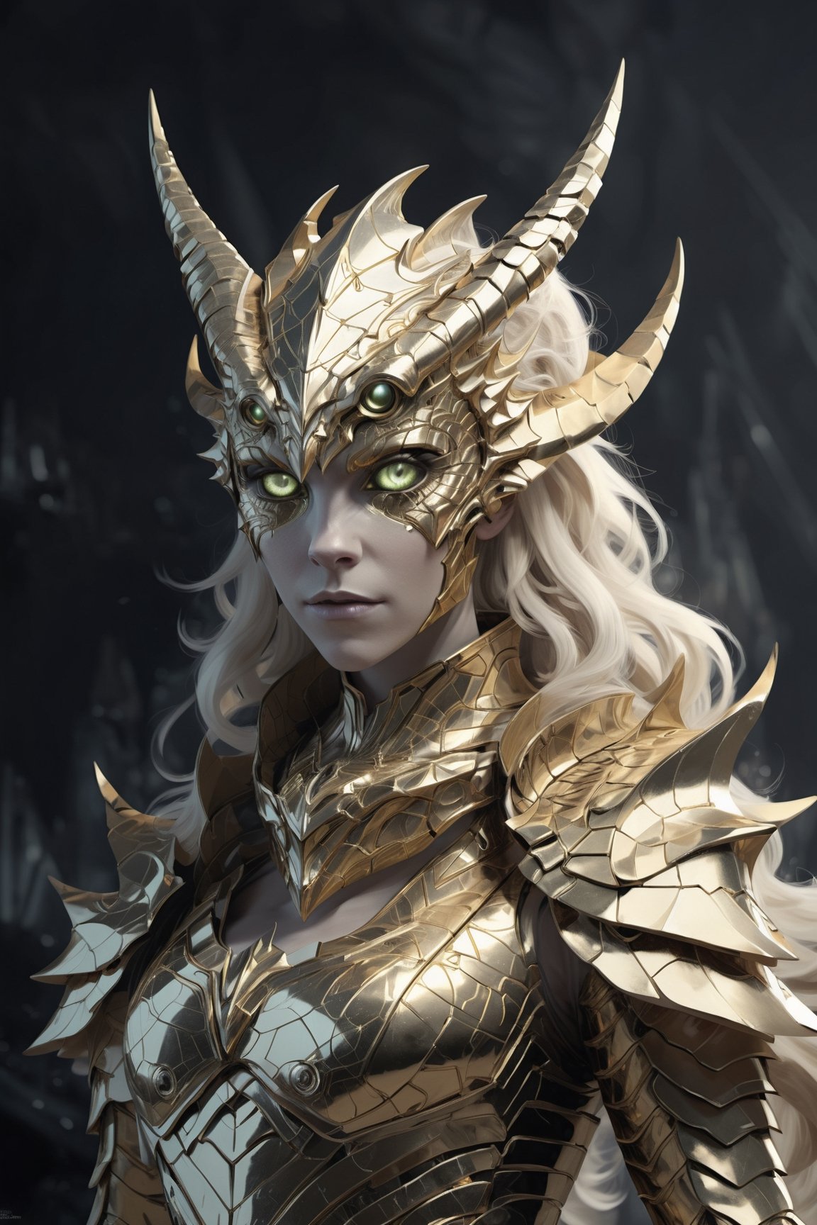 ,portrait off woman,medivel, blonde, anime, 
The cover to an album, the art is a horn devil dressed in a golden outfit with silver eyes, in the style of neo-geometric conceptualism, 8k 3d, reimagined religious art, intricate black and white illustrations, ultra hd, mysterious realism, cyberpunk realism,,dragonarmor,darkart,uwudemon,stalker