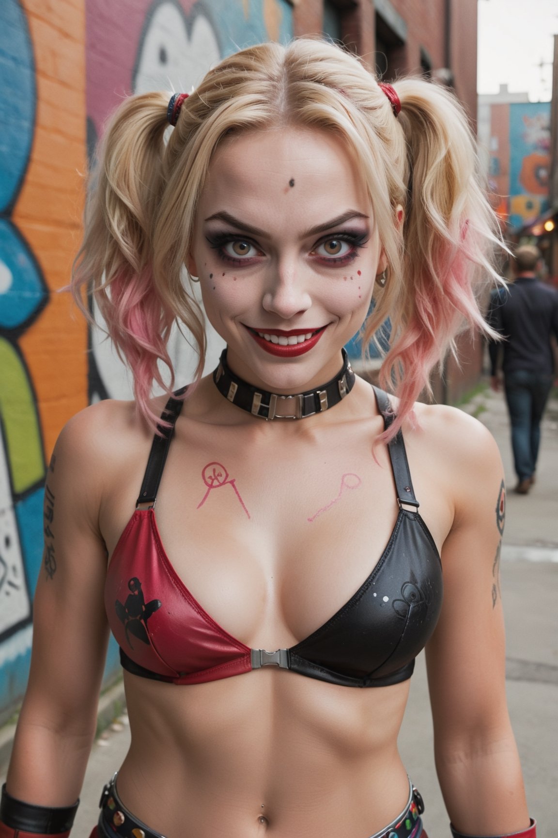 hyper-realistic portrait that showcases the face of Harley Quinn with meticulous detail and authenticity. Harley should be the central focus, filling the frame with her striking visage. Pay careful attention to capturing her unique and complex personality through her facial expressions. Her makeup should be rendered with precision, highlighting her signature red and black color scheme, exaggerated eye shadow, and playful smile. Her two-toned hair, half blonde and half pink, should exhibit lifelike texture and movement. Her eyes should hold a captivating mix of mischief and charm, reflecting her multifaceted character. The lighting should cast nuanced shadows that accentuate the contours of her face and emphasize the fine details of her features. Utilize a 50mm lens to capture the intricacies of her expression and makeup, while applying Kodak Portra 800 film emulation for a rich and vibrant color palette. Consider placing Harley in an environment that complements her character, such as a graffiti-covered alleyway or a chaotic carnival backdrop. Aim for an ultra-realistic rendering, achieving a resolution of at least 4K to bring out every freckle, strand of hair, and nuance of her expression. Enhance the overall authenticity with subtle film grain,