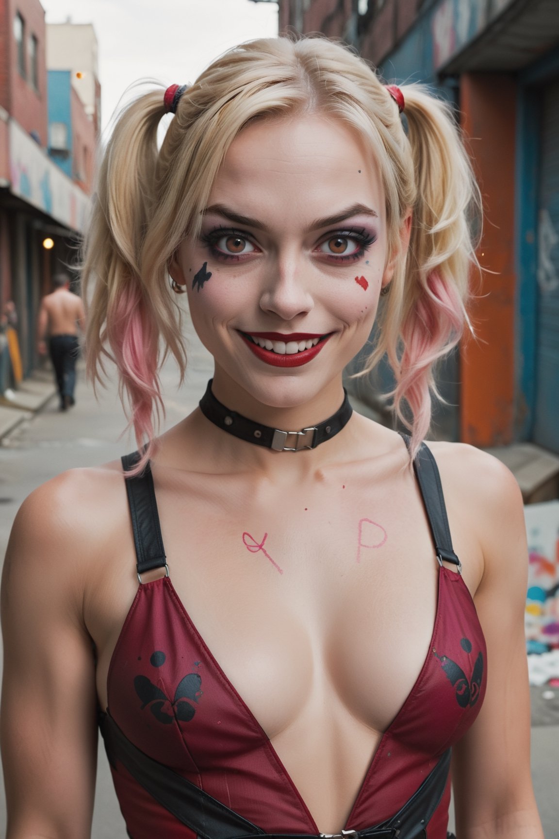 hyper-realistic portrait that showcases the face of Harley Quinn with meticulous detail and authenticity. Harley should be the central focus, filling the frame with her striking visage. Pay careful attention to capturing her unique and complex personality through her facial expressions. Her makeup should be rendered with precision, highlighting her signature red and black color scheme, exaggerated eye shadow, and playful smile. Her two-toned hair, half blonde and half pink, should exhibit lifelike texture and movement. Her eyes should hold a captivating mix of mischief and charm, reflecting her multifaceted character. The lighting should cast nuanced shadows that accentuate the contours of her face and emphasize the fine details of her features. Utilize a 50mm lens to capture the intricacies of her expression and makeup, while applying Kodak Portra 800 film emulation for a rich and vibrant color palette. Consider placing Harley in an environment that complements her character, such as a graffiti-covered alleyway or a chaotic carnival backdrop. Aim for an ultra-realistic rendering, achieving a resolution of at least 4K to bring out every freckle, strand of hair, and nuance of her expression. Enhance the overall authenticity with subtle film grain,