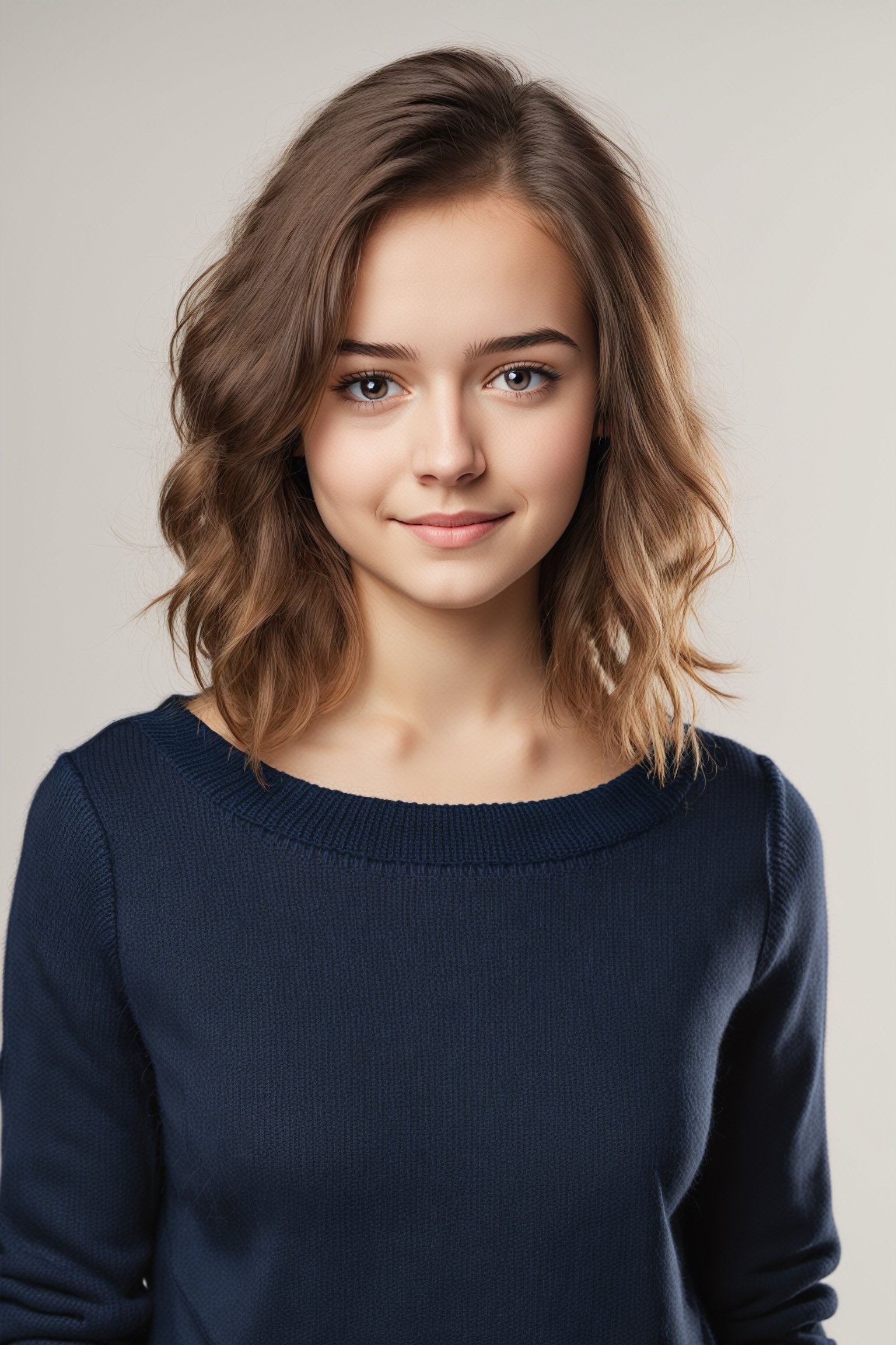 rebsonya , one young woman teenager wearing a navy blue wide neck sweater, H&M style product apparel photography style, studio photoshoot, light white gray studio background, 8k, sharp details, Canon EOS R3 camera, Canon EF 85mm f/11. 