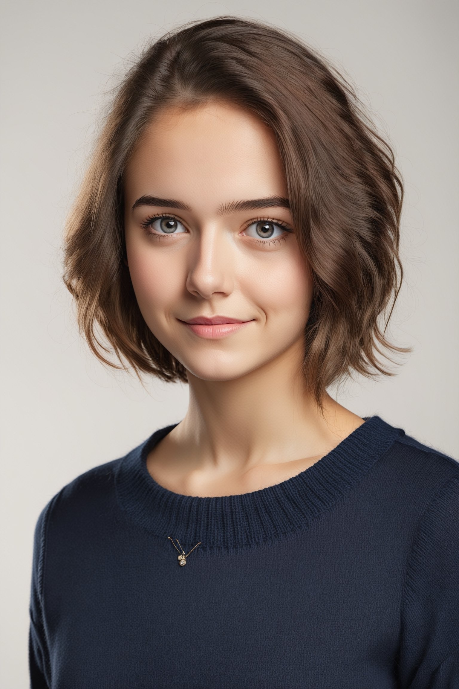 rebsonya , one young woman teenager wearing a navy blue wide neck sweater, H&M style product apparel photography style, studio photoshoot, light white gray studio background, 8k, sharp details, Canon EOS R3 camera, Canon EF 85mm f/11. 