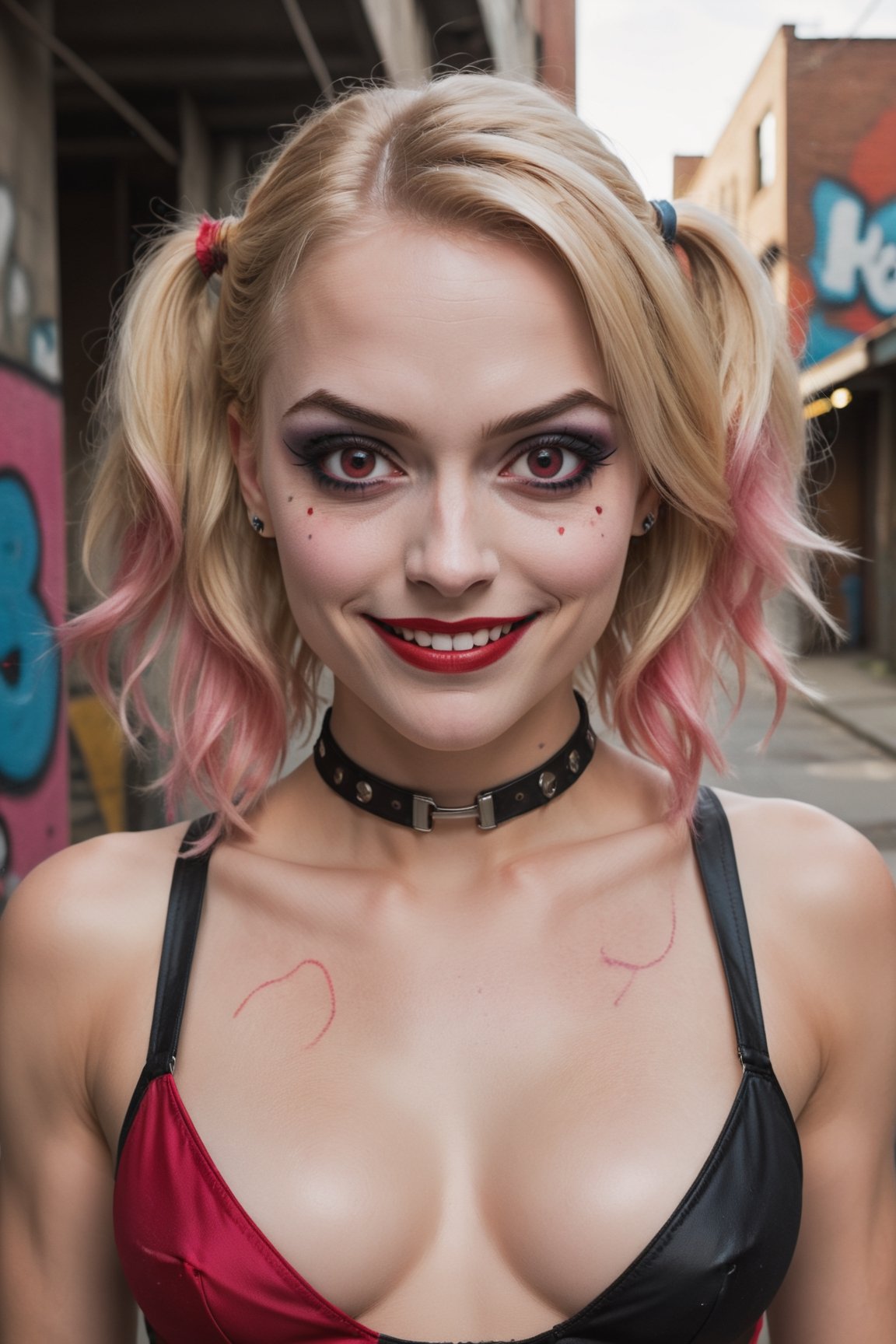 hyper-realistic portrait that showcases the face of Harley Quinn with meticulous detail and authenticity. Harley should be the central focus, filling the frame with her striking visage. Pay careful attention to capturing her unique and complex personality through her facial expressions. Her makeup should be rendered with precision, highlighting her signature red and black color scheme, exaggerated eye shadow, and playful smile. Her two-toned hair, half blonde and half pink, should exhibit lifelike texture and movement. Her eyes should hold a captivating mix of mischief and charm, reflecting her multifaceted character. The lighting should cast nuanced shadows that accentuate the contours of her face and emphasize the fine details of her features. Utilize a 50mm lens to capture the intricacies of her expression and makeup, while applying Kodak Portra 800 film emulation for a rich and vibrant color palette. Consider placing Harley in an environment that complements her character, such as a graffiti-covered alleyway or a chaotic carnival backdrop. Aim for an ultra-realistic rendering, achieving a resolution of at least 4K to bring out every freckle, strand of hair, and nuance of her expression. Enhance the overall authenticity with subtle film grain,