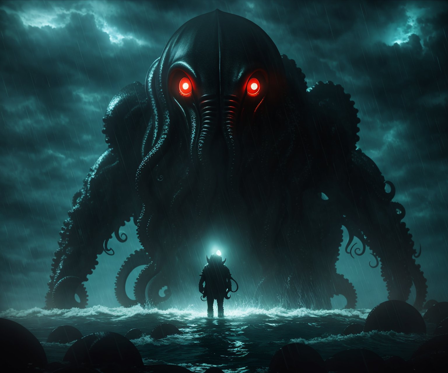 dark night, octopus-faced creature, Cthulhu, horror-style air, giant monster, heavy rain, cinematic look, cinematic effects, 