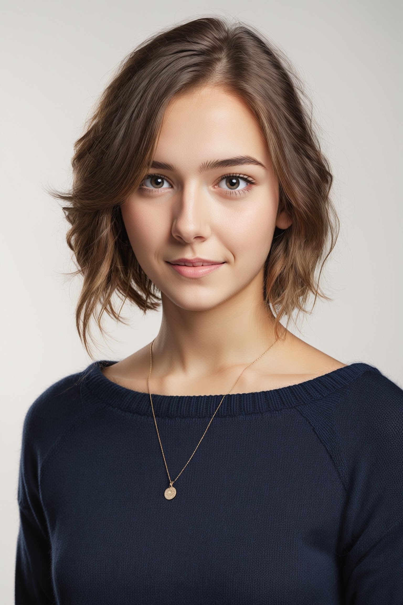 rebsonya , one young woman teenager wearing a navy blue wide neck sweater, H&M style product apparel photography style, studio photoshoot, light white gray studio background, 8k, sharp details, Canon EOS R3 camera, Canon EF 85mm f/11. 