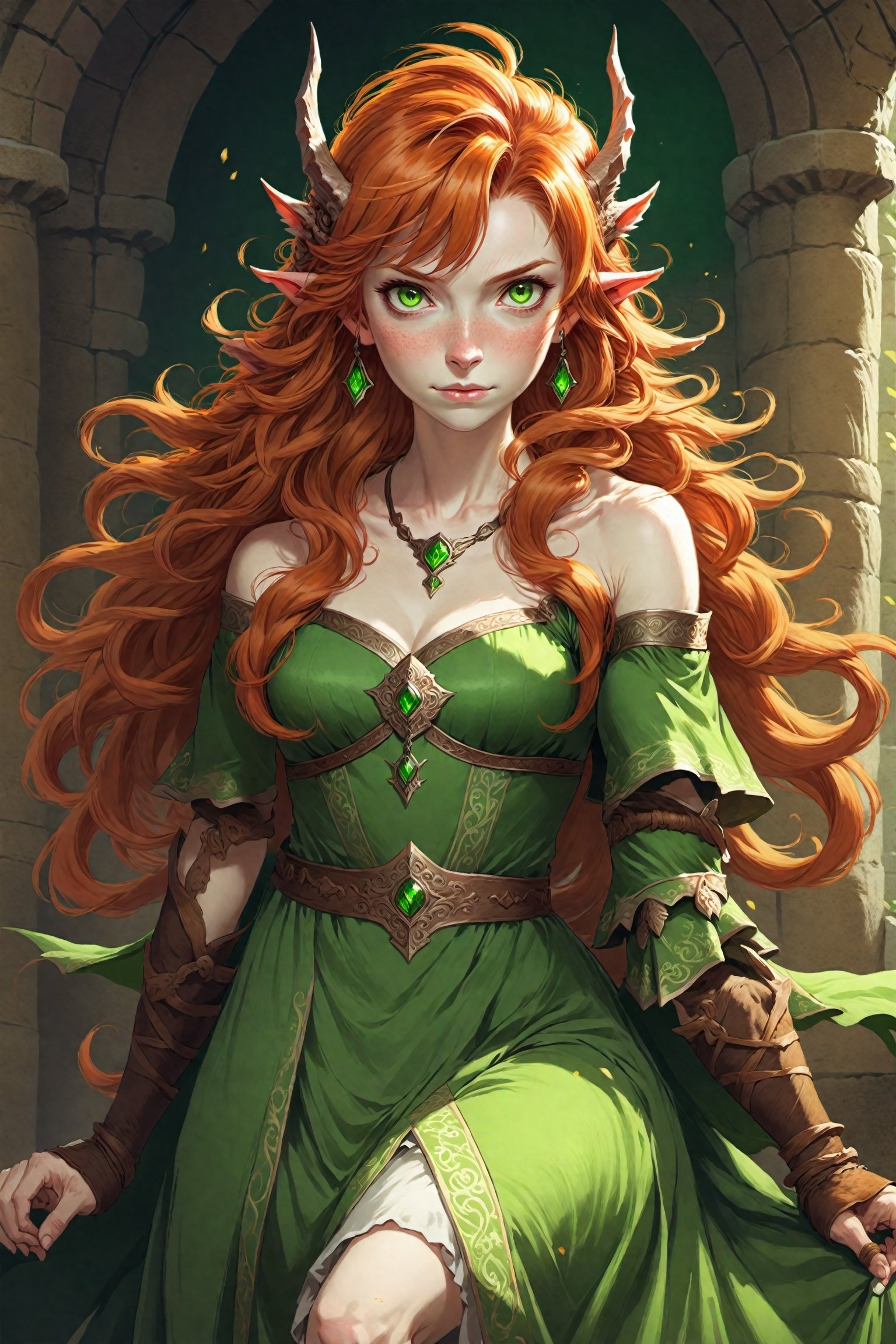 Uwudemon, anime, Portrait beautiful woman ginger hair, green Medieval dress, anime, fantasy,monster,detailmaster2