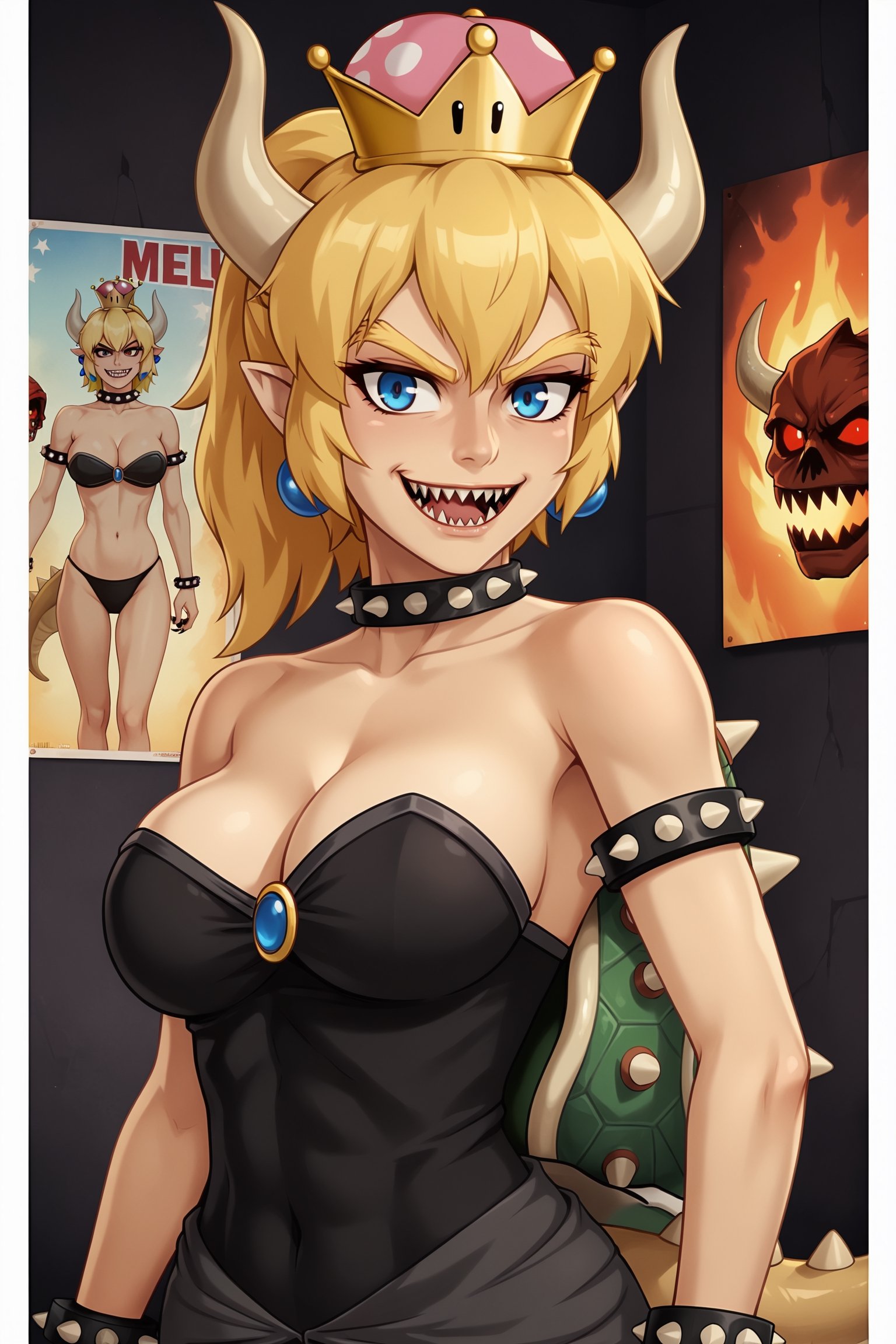 1 girl,Bowsette, half body portrait,movie shoot, cartoon,poster,
,uwudemon, cinematic moviemaker style,stalker