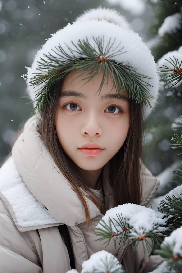 Using the same girl in the image, wintery background, pine tree covered in snow, close up,eyes shoot