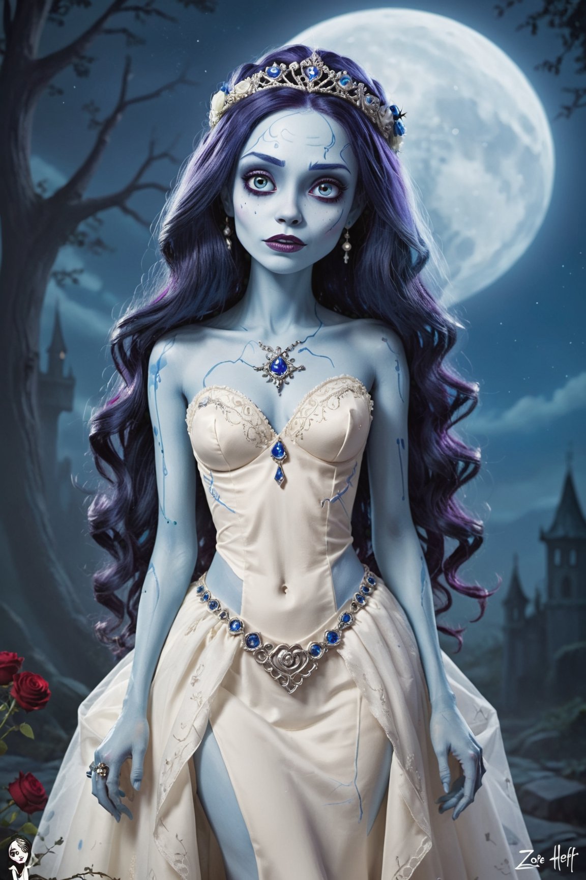 a cartoon picture of a woman dressed in a wedding dress, corpse bride art style, prosthetic, blue moonlight, by Zoë Mozert, featured on artstation, ever after high, severed limbs, is totally sad and cries, wrapped arms, instagram art, unusually unique beauty, hollywood promotional image, tarot cards characters, trending on attestation, gory,IMGFIX