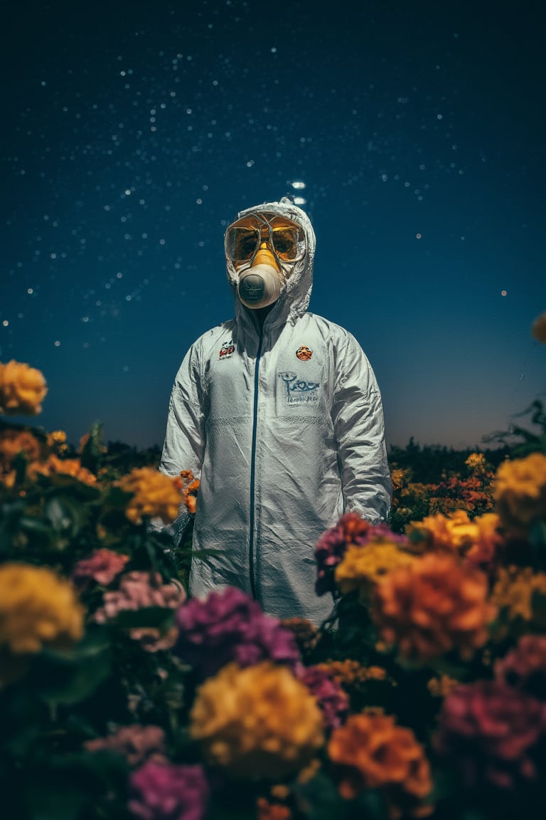 Cinematic photo of a man in a Tyvek agricultural protective suit and a 3M gas protection mask, standing in the middle of a field full of beautiful flowers. The man is looking up at the sky. It's nighttime, and the sky is filled with stars, creating a beautiful scene. On the Tyvek protective suit, at chest level, 'Grupo Teco' is written very clearly and legibly in Spanish.











