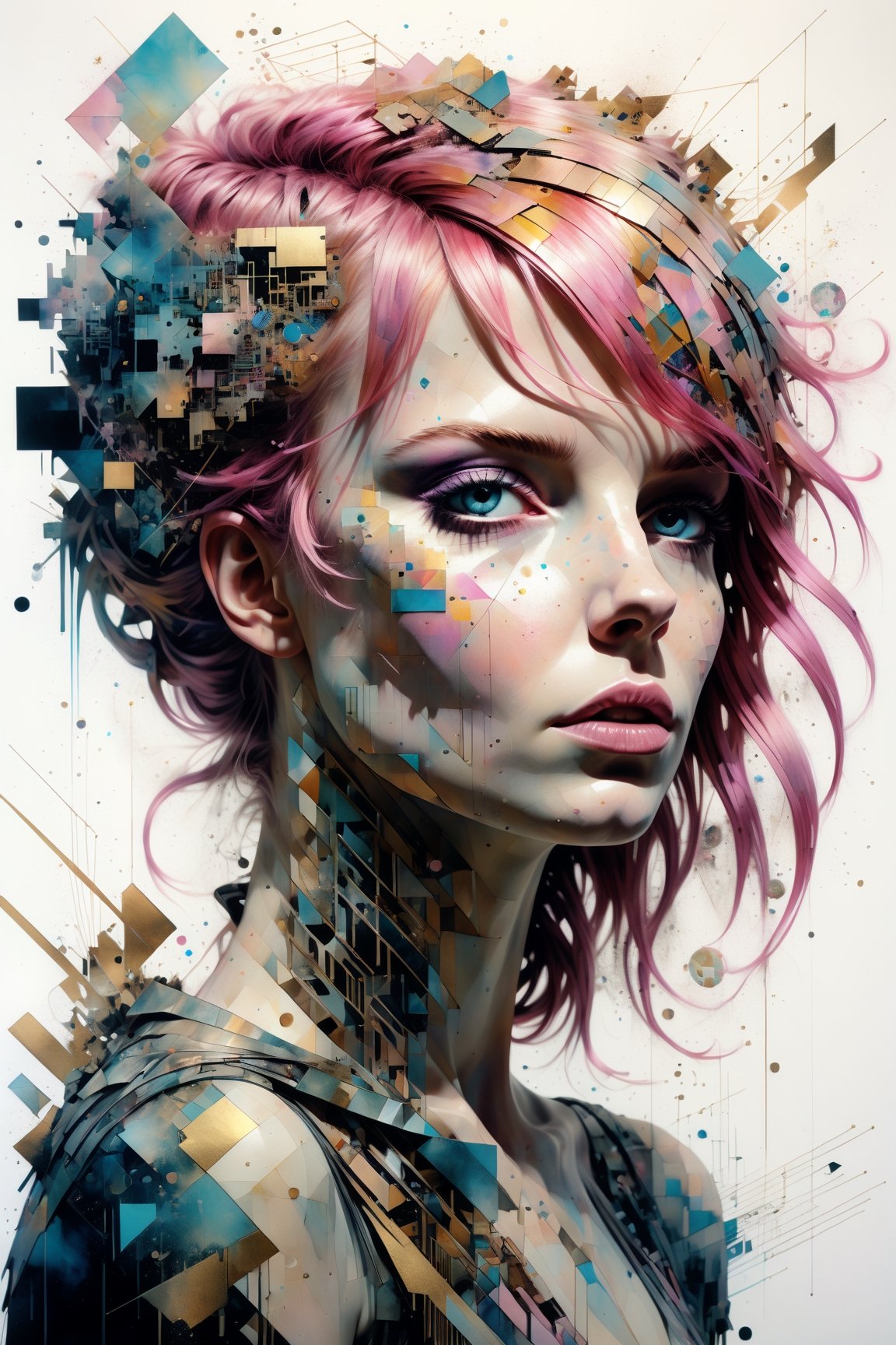 silhouette of a pink bangs haired woman, (apocalypse:1.4), by Minjae Lee, Carne Griffiths, Yoann Lossel, Wadim Kashim, Carl Larsson, Pascal Blanche-style hyper-realistic characters, (depth:1.3), masterwork, geometric patterns, intricately detailed, bokeh, perfect balanced, deep fine borders, artistic photorealism, smooth, double exposure