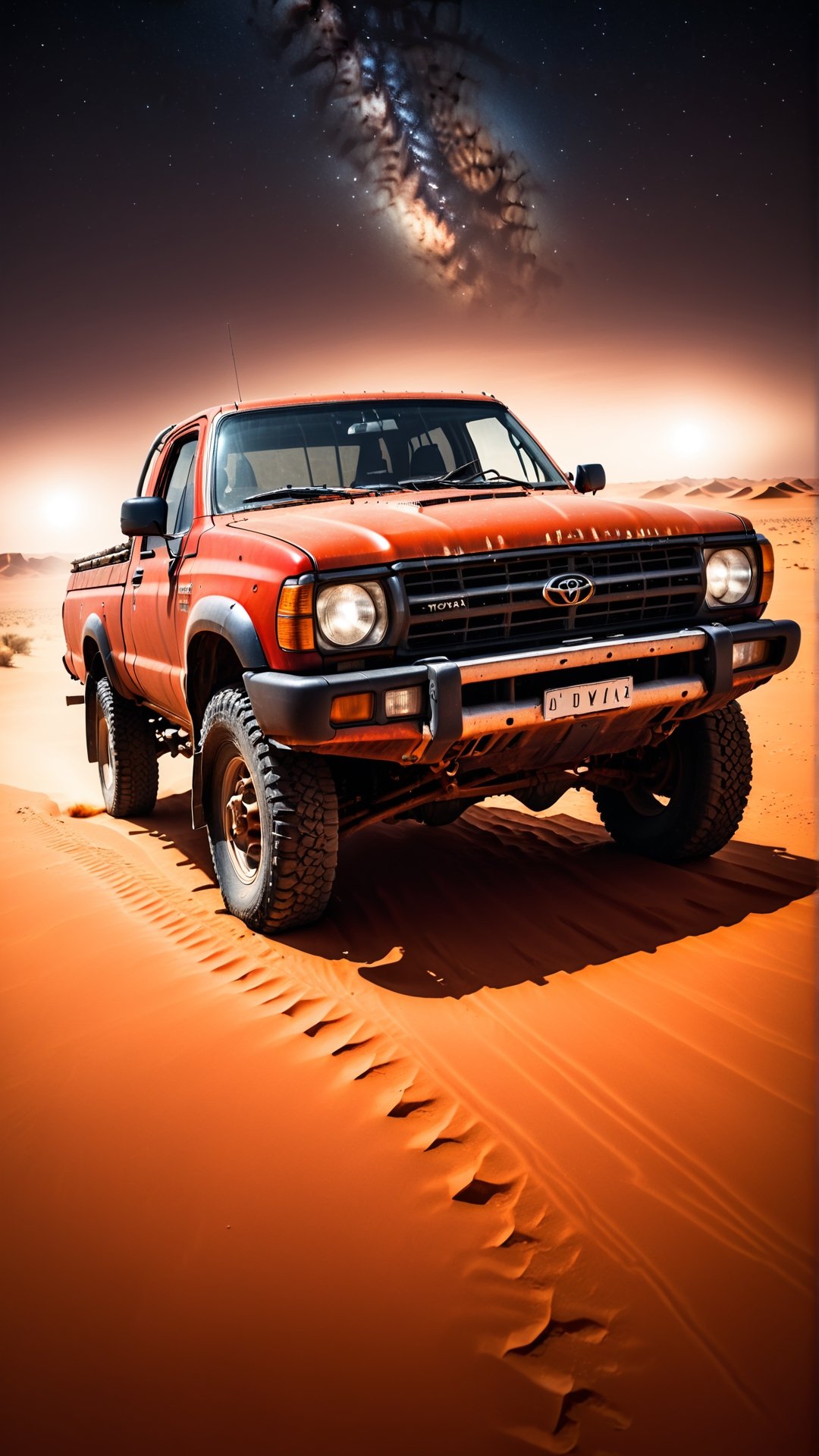 Cinematic low angle extreme wide rear shot of a lonely rusty red toyota Hilux's by the Sahara desert, at night. Denis Villeneuve style